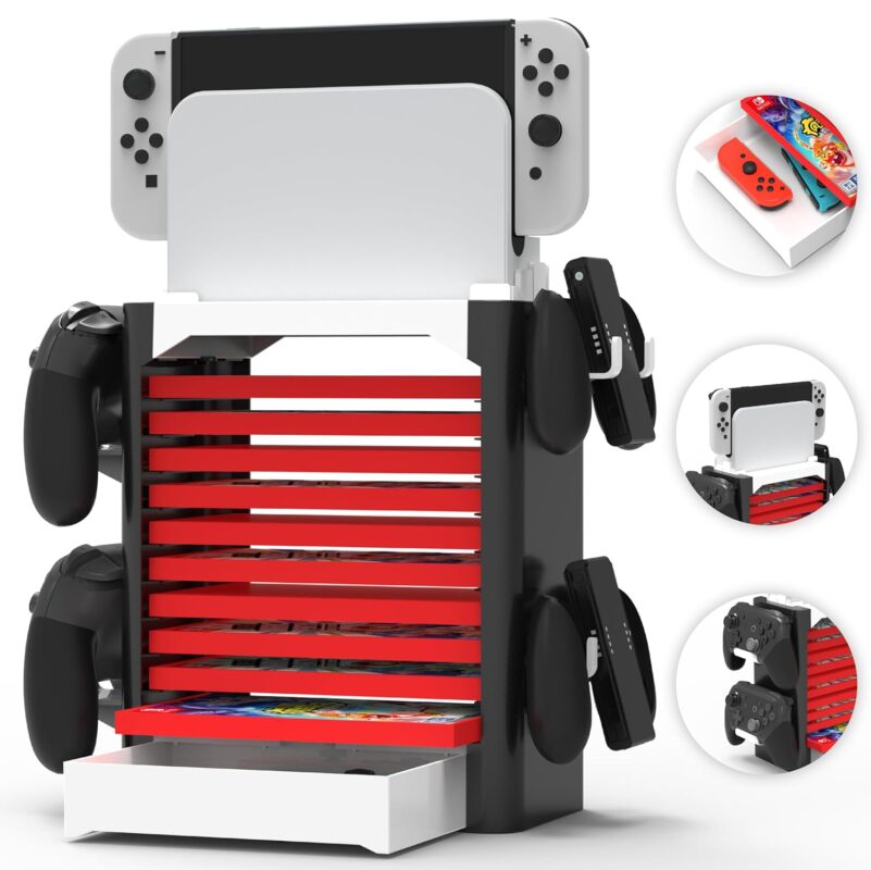 Skywin NS Compatible Nintendo Switch Games Holder, Nintendo Switch Stand, Game Disk Rack, Controller Organizer, Switch Holder Stand for Gamers, Nintendo Switch Accessories (White)