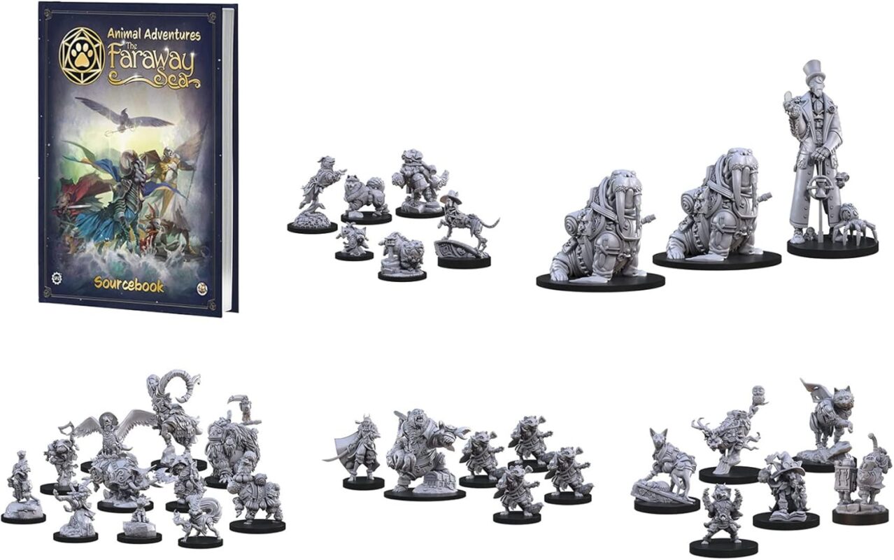 Steamforged Games Animal Adventures Faraway Sea Sourcebook with 10 Battle Maps Bundle with Miniatures: Raiders of the Lost Coast, Time in a Bottle, Animals, Cats and Dogs of the Faraway Sea (6 Items)