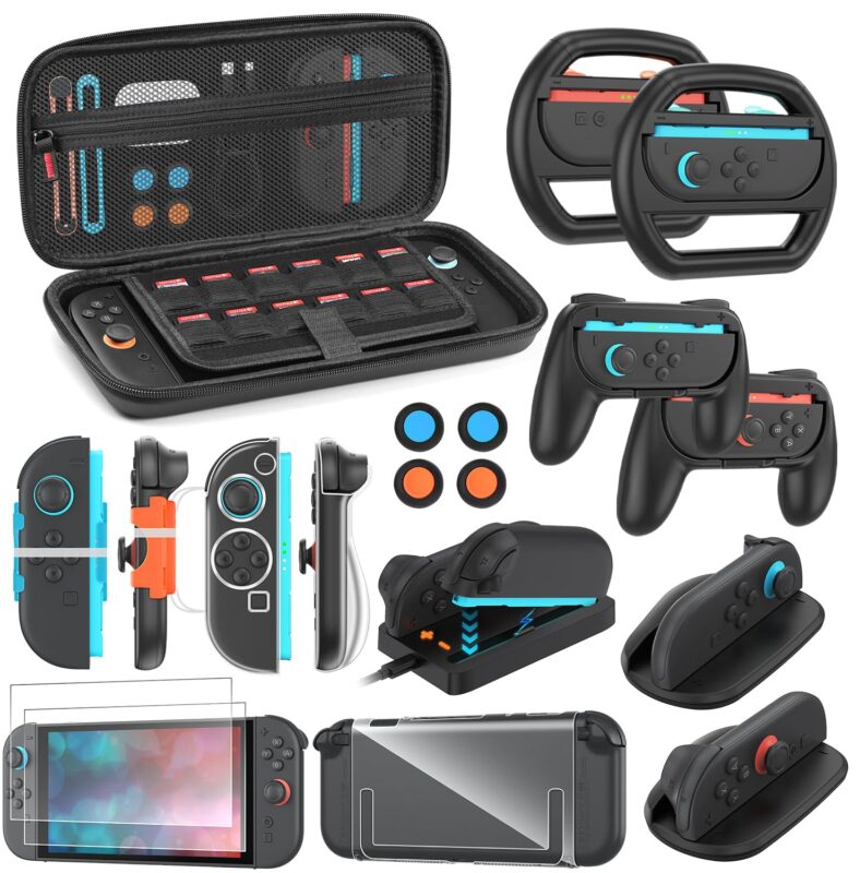 Switch 2 Accessories Bundle for Nintendo Switch 2 (2025): Carrying Case, Console Protective Cover&TPU Grips, HD Screen Protector, Joy-Con Charger, FPS Mouse Grip, 4 x Thumb Grips, Steering Wheel Joycon Grip for Mario Kart, Wrist Straps for Just Dance
