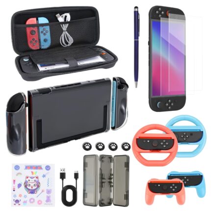 Switch 2 Accessories Bundle for Nintendo，18 in 1 Kit For Switch 2 Gamer：Carrying Case,Screen Protectors,Joycon Grips,Steering Wheels, Console Protective Cover,Stylus,Joycon Case