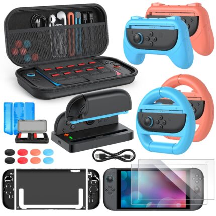 Switch 2 Accessories Bundle for switch 2, 24 in 1 Kit, switch 2 slim Case, 2 Screen Protector, Charger Dock for switch 2 with Cable, 2 Steering Wheel, for Joycon 2 Protective Shell & 2 Grip, 8 Thumb Grips, 2 Game Card Case Included – Switch 2 Accessory Kit