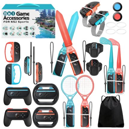 Switch 2 Sports Accessories, Wodbymat 25 in 1 Sports Bundle for Nintendo Switch 2 with 2 Tennis accessories 2 Grip Handle 2 Steering Wheels 2 Bowling ball grip 2 Sword accessory Shared 2 grip 2 Golf accessories 2 Binding tape 2 Wrist strap 2 Lanyard times 2 Lanyard grip 2 Rocker cap 1 Storage bag