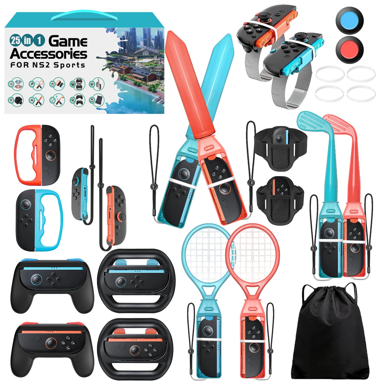 Switch 2 Sports Accessories, Wodbymat 25 in 1 Sports Bundle for Nintendo Switch 2 with 2 Tennis accessories 2 Grip Handle 2 Steering Wheels 2 Bowling ball grip 2 Sword accessory Shared 2 grip 2 Golf accessories 2 Binding tape 2 Wrist strap 2 Lanyard times 2 Lanyard grip 2 Rocker cap 1 Storage bag Switch 2 Sports Accessories, Wodbymat 25 in 1 Sports Bundle for Nintendo Switch 2 with 2 Tennis accessories 2 Grip Handle 2 Steering Wheels 2 Bowling ball grip 2 Sword accessory Shared 2 grip 2 Golf accessories 2 Binding tape 2 Wrist strap 2 Lanyard times 2 Lanyard grip 2 Rocker cap 1 Storage bag