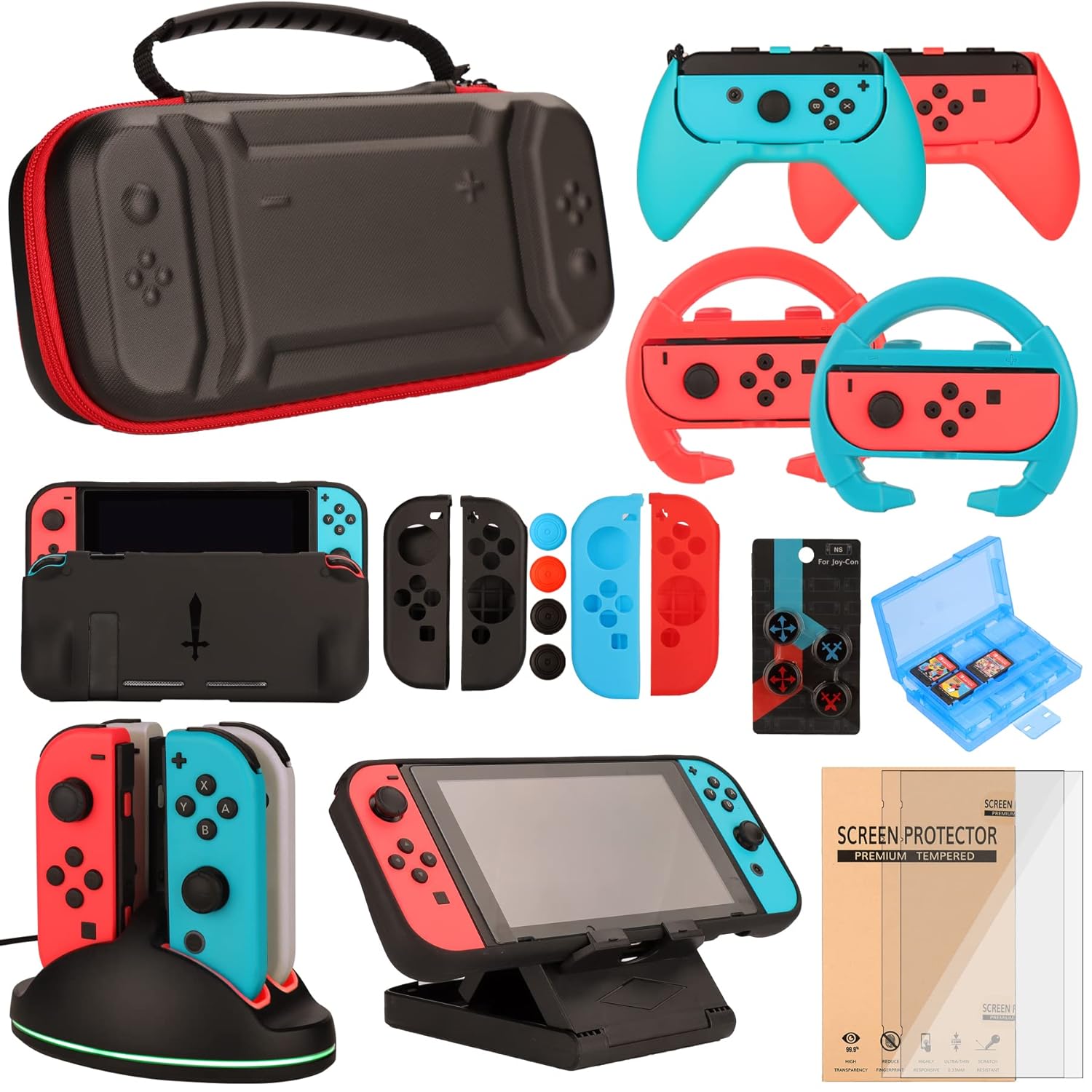 Switch Accessories Bundle for Nintendo Switch Games, Kit with Carrying Case, Steering Wheels, Screen Protectors, Charging Dock, Grips, Caps (23 in 1) Switch Accessories Bundle for Nintendo Switch Games, Kit with Carrying Case, Steering Wheels, Screen Protectors, Charging Dock, Grips, Caps (23 in 1)