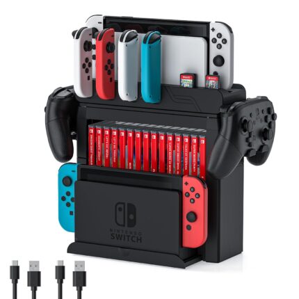 Switch Game Storage with Controller Charger for Nintendo Switch & OLED Model, Switch Charging Dock Charges 6 Joycons, Switch Gaming Accessories Holder for Desk, Switch Game Gift Card Organizer (Black)
