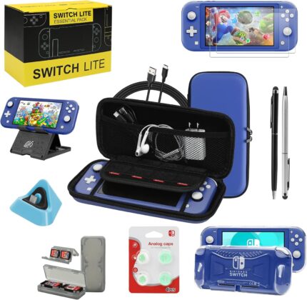 Switch Lite Accessories Bundle, Kit with Carrying Case,TPU Case Cover with Screen Protector,Charging Dock,Playstand, Game Card Case, USB Cable, Stylus,Thumb Grip Caps for Nintendo Switch Lite (Blue)