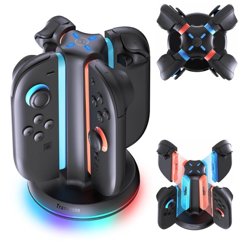 TRANSNOVO Charging Dock for Nintendo Switch 2 Joycons, 4 in 1 Dual-Side Magnetic Fast Controller Charger Station with 9 RGB Modes & Circuit Protection, Switch 2 Accessories for Joy Cons, Black
