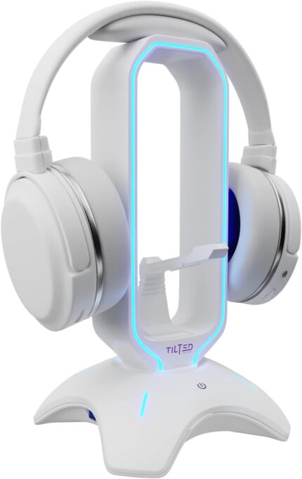 Tilted Nation Gaming Headphone Stand | RGB Headset Stand White | Headset Holder for Desk with Mouse Bungee and USB Hub | The Ultimate Gaming Accessories for Gamers for PS5, Xbox, PC &#8211; White
