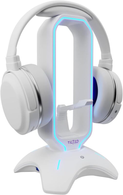 Tilted Nation Gaming Headphone Stand | RGB Headset Stand White | Headset Holder for Desk with Mouse Bungee and USB Hub | The Ultimate Gaming Accessories for Gamers for PS5, Xbox, PC - White