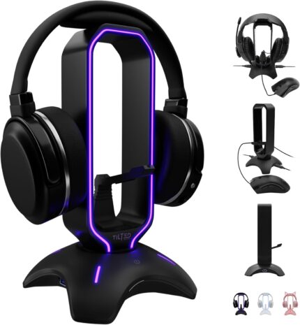 Tilted Nation Gaming Headset Stand | RGB Headphone Stand for Desk with Mouse Bungee and USB Hub (Cool and Clean Setup) Gaming Headset Holder – Perfect Gamer Gift Accessory
