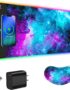 ToLuLu Wireless Charging RGB Gaming Mouse Pad, 15W LED Mouse Mat with 30W Charger, 14 Light Modes Large Mousepad with Wrist Support, Non-Slip Rubber Base Desk Mat Computer Keyboard Pad, Galaxy Nebula