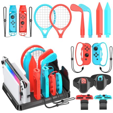 Tokluck Switch Sports Accessories Kit with Storage Station – Compatible with Switch/OLED & Joy-con, Ideal for Family Sports Party Game Storage and Organization PS3 Interactive Gaming Figures