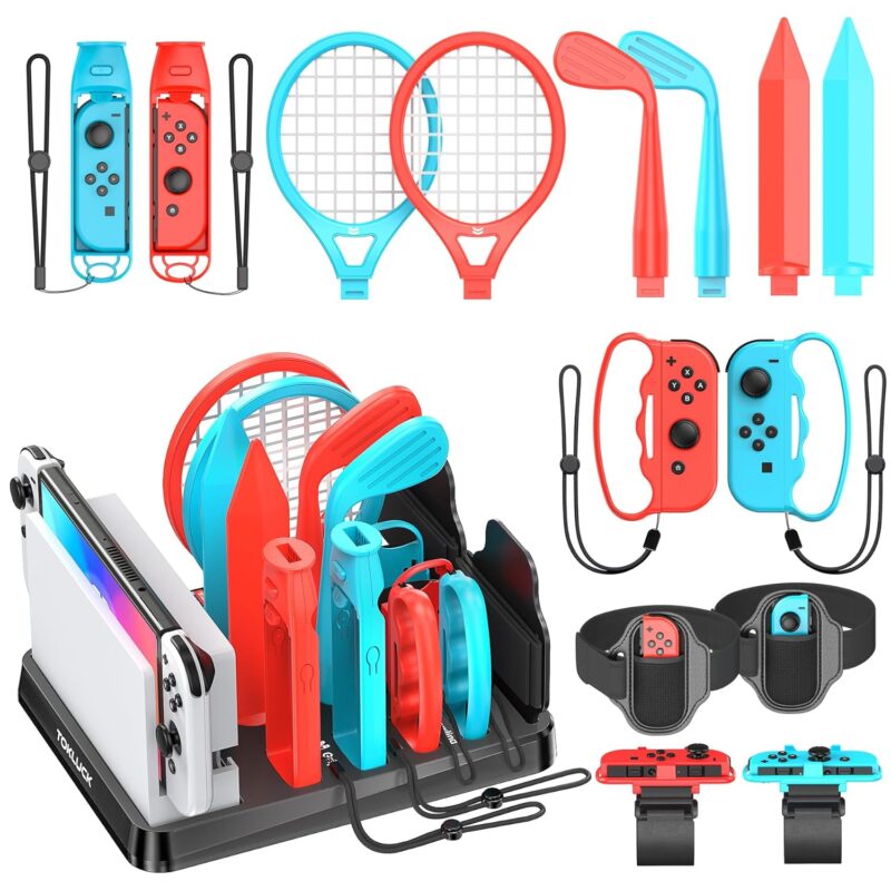Tokluck Switch Sports Accessories Kit with Storage Station - Compatible with Switch/OLED & Joy-con, Ideal for Family Sports Party Game Storage and Organization PS3 Interactive Gaming Figures