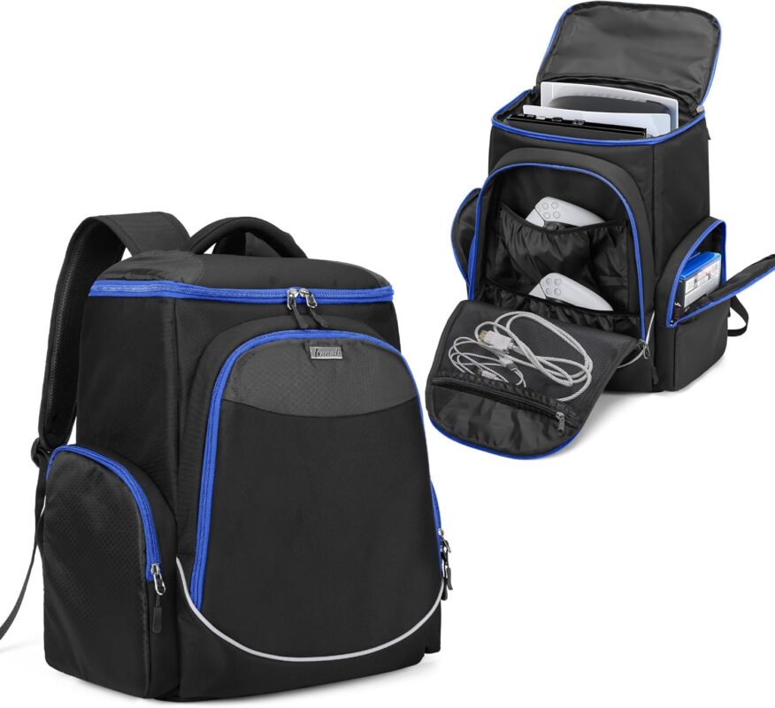 Trunab Gaming Console Backpack Compatible with Playstation 5 / PS5 Slim / PS4 / Xbox One, Travel Carrying Bag with Multiple Pockets for 15.6” Laptop and Gaming Accessories