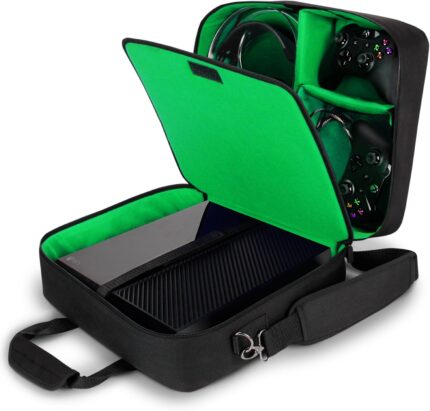 USA Gear Console Carrying Case – Xbox Travel Bag Compatible with Xbox One and Series S with Water Resistant Exterior and Accessory Storage for Controllers, Cables, Gaming Headsets and More