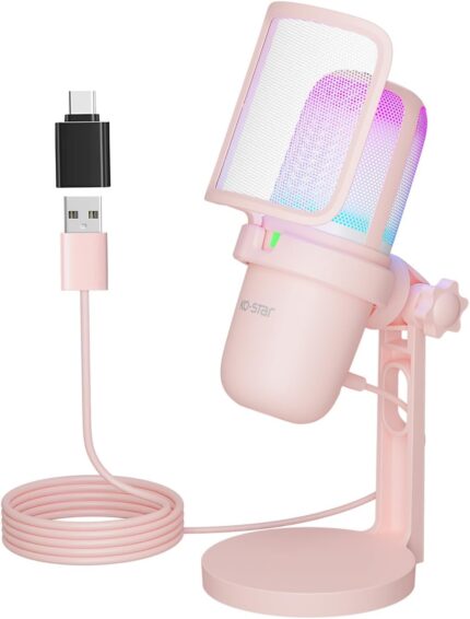 USB Microphone Gaming for PC Pink，Mini Computer Gaming Mic for PS4/ PS5/ Mac,Streaming Microphone for PC Gaming,Condenser Mic with RGB Streaming,PopFilter,Shock Mount for Recording,Podcasting
