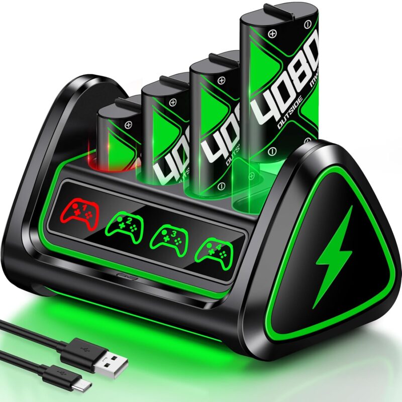 Upgraded Fast Charging Rechargeable Battery Packs with Light Control, 4 x 4080mWh for Xbox Batteries with Charger Dock/Storage for Xbox Series X|S, One S/X/Elite Controllers, Cases and Storage Sets