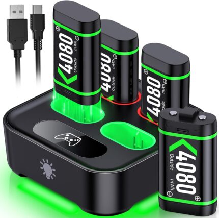 Upgraded Fast Charging Rechargeable Battery Packs with Light Control, 4x4080mWh Xbox Controller Batteries with Charger Dock for Xbox Series X|S, One S/X/Elite Controllers,Cases and Storage Sets