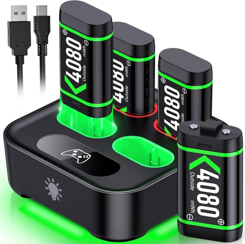 Upgraded Fast Charging Rechargeable Battery Packs with Light Control, 4x4080mWh Xbox Controller Batteries with Charger Dock for Xbox Series X|S, One S/X/Elite Controllers,Cases and Storage Sets