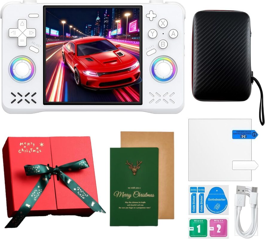 Upgraded XF40H Handheld Game Console,Retro Gaming Console Preloaded with Classic Games,4.0 Inch 4K HD IPS Screen,Portable Pocket Video Gaming with Christmas Card & Gift Box (128Gb White)