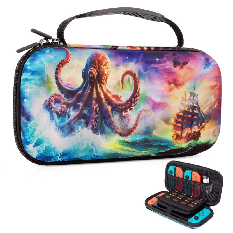 Vimorco Octopus Monster Nintendo Switch Case, Pirate Ship Nintendo Switch OLED Case, Nautical Adventure Switch Travel Cover, 16 Card Slots, Hard Shell for Console Games & Joy-Con