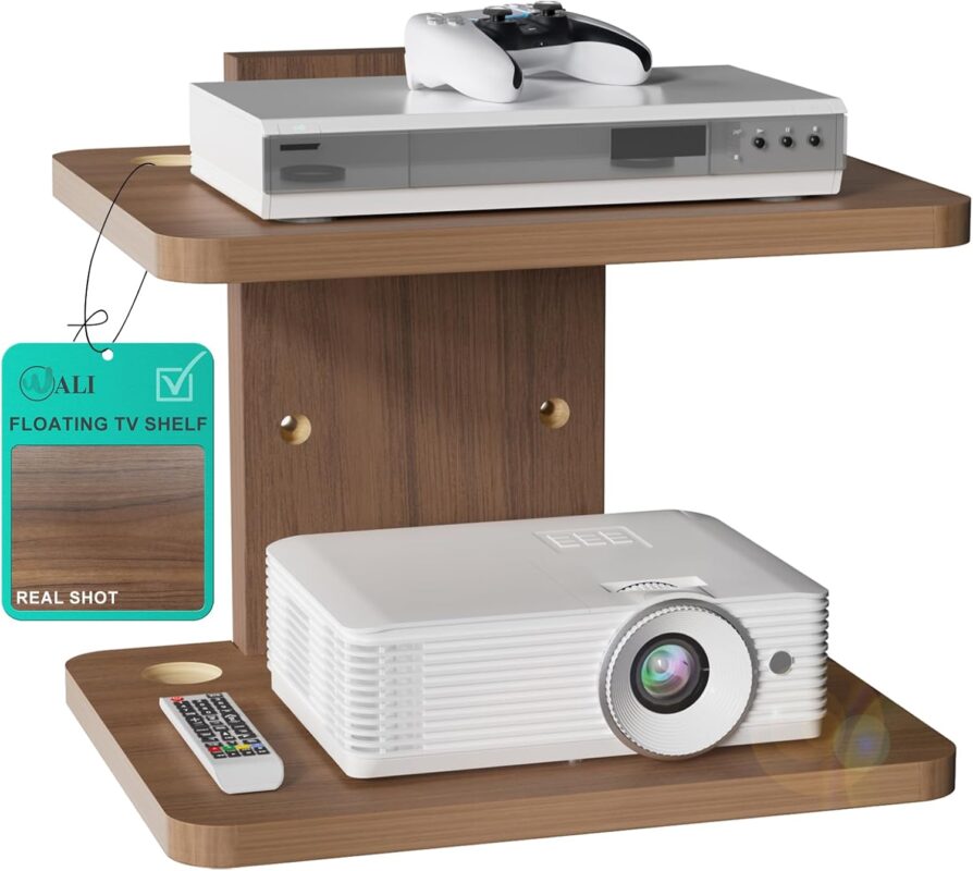 WALI Floating TV Shelf, 2 Tier Projector Shelf for DVD Players, Routers, Game Consoles, Cable Boxes, Living Room Decor Accessories, Wall Mount Shelves Holds Up to 22lbs (CS202N), 2-Shelf, Walnut Brown