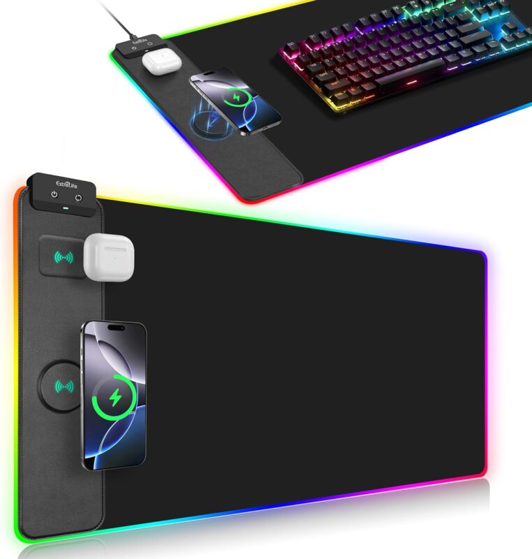 Wireless Charging Mouse Pad, RGB Gaming Mousepad, 31.5"x15.7" Extra Large Desk Pad, 13 Light Modes, Ultra-Smooth Surface, Non-Slip Base, Waterproof Computer Keyboard Mat for MacBook, PC, Laptop, Black