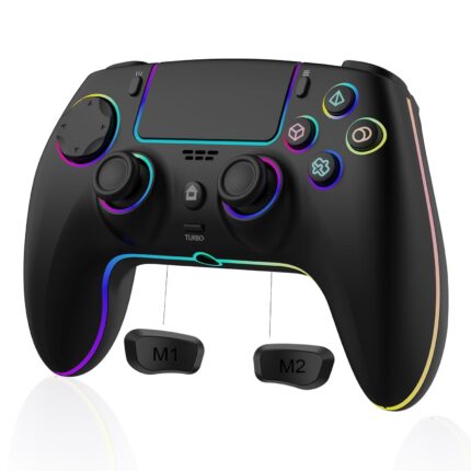 Wireless Controller for PS5 Pro/PlayStation-5/PC/Mac with Hall Effect joystick trigger/Back Paddles/Cool RGB/Motion Sensor/TURBO/3.5mm Audio Jack – Built-in Speakers Support P-S5 Console Audio