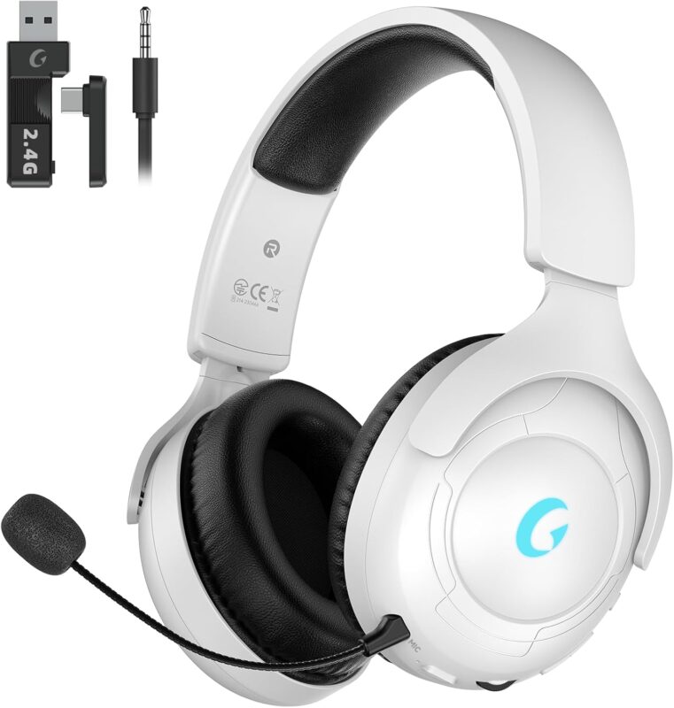Wireless Gaming Headset for PS5, 2.4GHz Gaming Headset with Mic, 45H Battery, Surround Sound, Noise Cancelling Over Ear Headphones, for Xbox Needs 3.5mm Cable - White