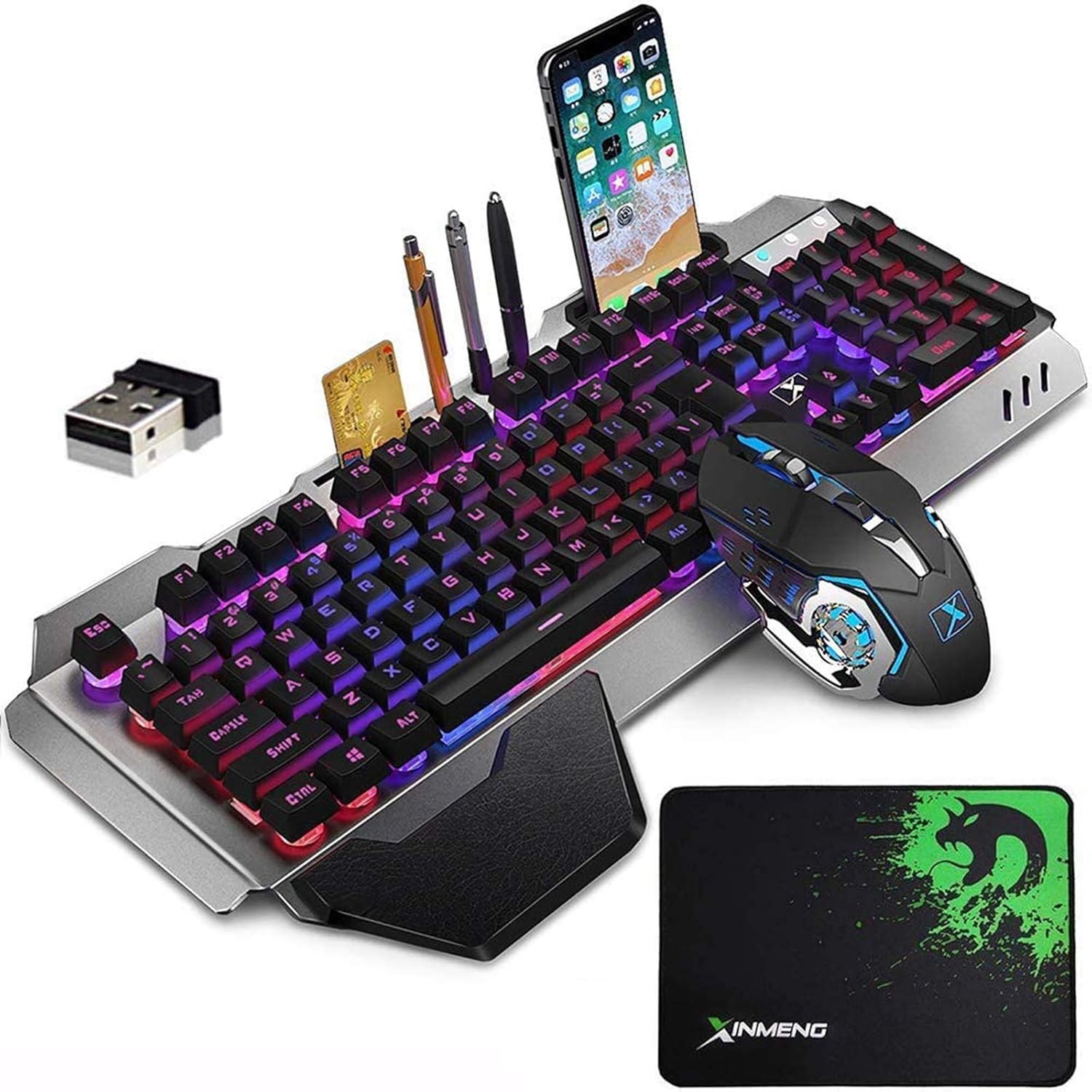 Wireless Gaming Keyboard and Mouse Combo with Rainbow LED Backlit Rechargeable 4800mAh Battery Metal Panel Mechanical Ergonomic Waterproof Dustproof 7Color Mute Mice for Computer PC Mac Gamer (Purple) Wireless Gaming Keyboard and Mouse Combo with Rainbow LED Backlit Rechargeable 4800mAh Battery Metal Panel Mechanical Ergonomic Waterproof Dustproof 7Color Mute Mice for Computer PC Mac Gamer (Purple)