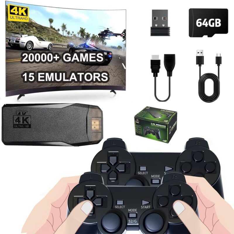 Wireless Retro Game Console Upgrade 4K Game Stick Built-in 9 Emulators 20,000+ Games, Plug and Play Video Games for TV with Dual 2.4G Wireless Controller Gamepad