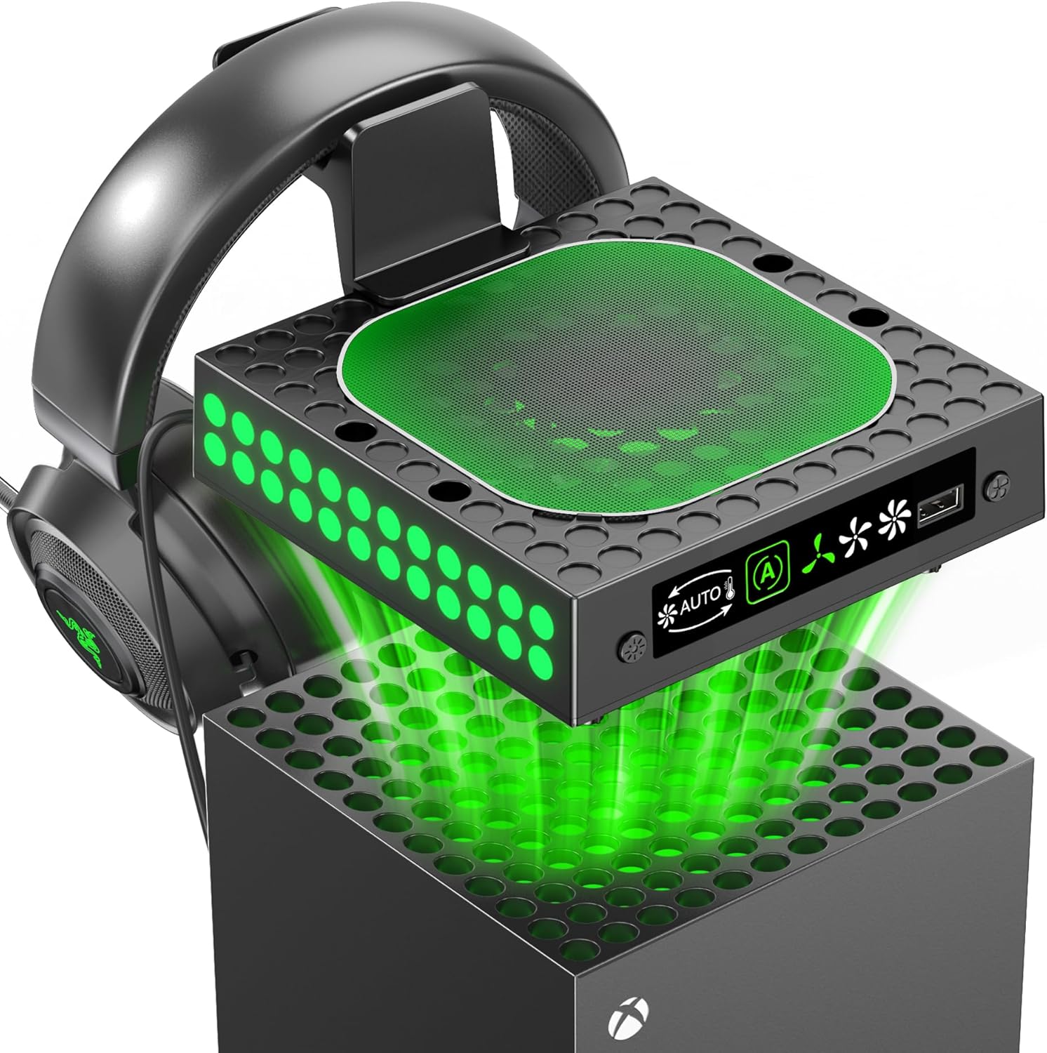 XBX Series X Cooling Fan Dust Proof with Auto Mode, for Xbox Series X Console with LED Lights, Built-in AUTO Adjustable Fan Cooling System, Xbox Series X Top Cooler, Game Accessory with Headset Holder XBX Series X Cooling Fan Dust Proof with Auto Mode, for Xbox Series X Console with LED Lights, Built-in AUTO Adjustable Fan Cooling System, Xbox Series X Top Cooler, Game Accessory with Headset Holder