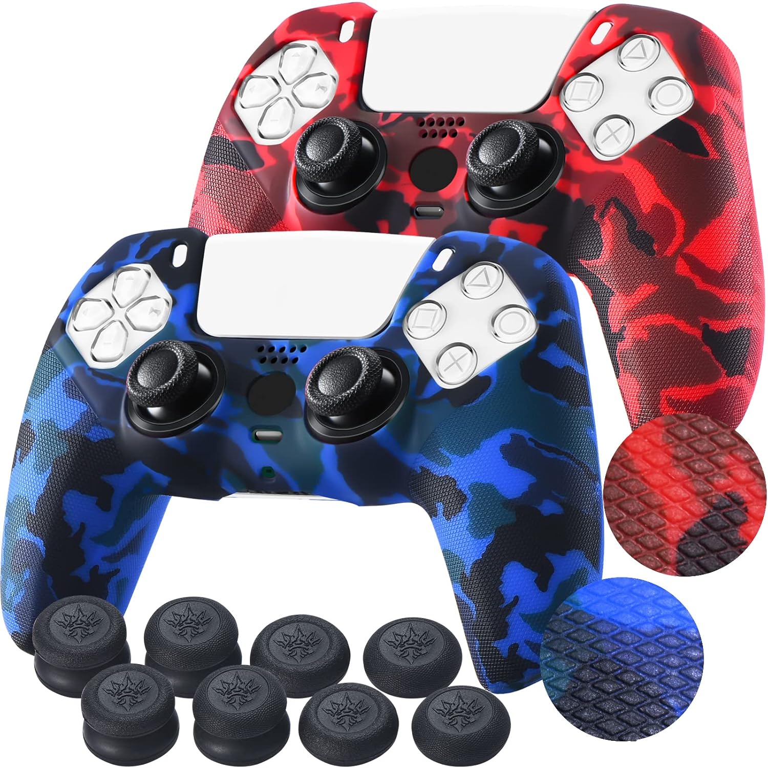 YoRHa Grip Texture Printing Silicone Cover Skin for PS5 Controller x 2(Camouflage Red+Blue) with Pro Thumb Grips x 8 YoRHa Grip Texture Printing Silicone Cover Skin for PS5 Controller x 2(Camouflage Red+Blue) with Pro Thumb Grips x 8