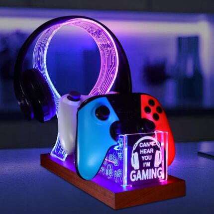 YuanDian Gamer Gifts for Teenage Boy, Can’t Hear You I’m Gaming Headset and Controller Stand, Acrylic Wooden Controller Holder with Blue Pink LED Night Light, Desk Decor Gift