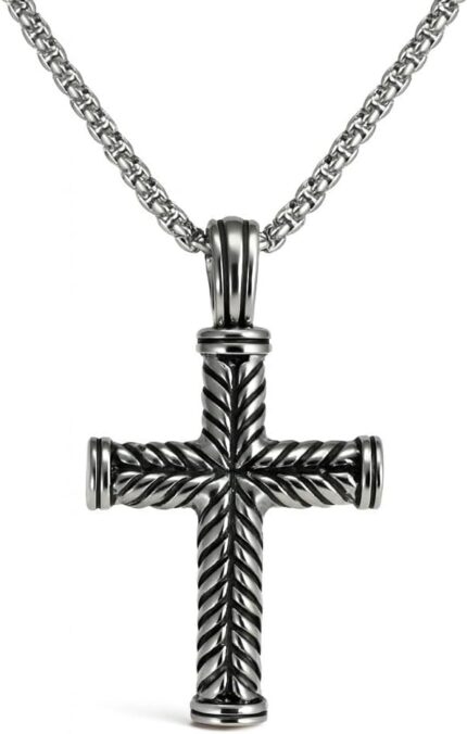 Zoe’s Jewelry Mens Cross Pendant Necklace with 2mm Popcorn Chain, Pendant with Chevron Pattern, 27″ Long Chain, Protection Symbol, Stainless Steel, Silver