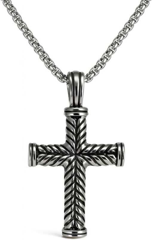 Zoe's Jewelry Mens Cross Pendant Necklace with 2mm Popcorn Chain, Pendant with Chevron Pattern, 27" Long Chain, Protection Symbol, Stainless Steel, Silver