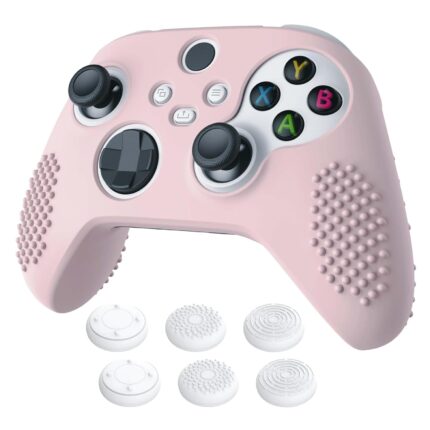eXtremeRate PlayVital Pink Controller Skin for Xbox Series X/S, 3D Studded Edition Anti-Slip Soft Silicone Cover for Xbox Core Controller with 6 Thumb Grip Caps