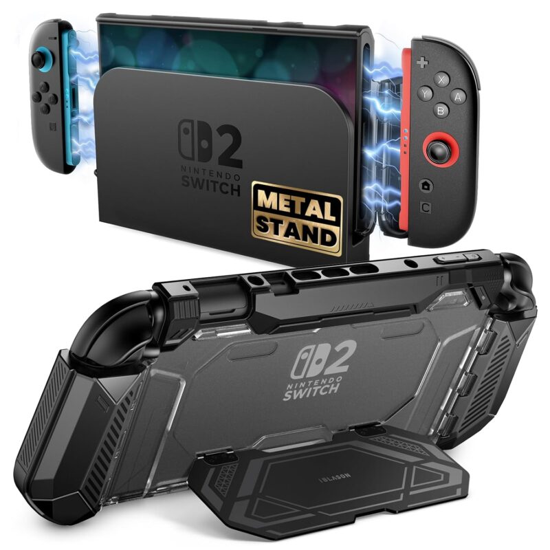 i-Blason Dockable for Nintendo Switch 2 Case with Metal Stand [Ergonomic Grip] [Convenient Foldable Joycon Grip] [Military-Grade Protection]Comfortable Grip Protective Bumper Cover for Switch 2, Black