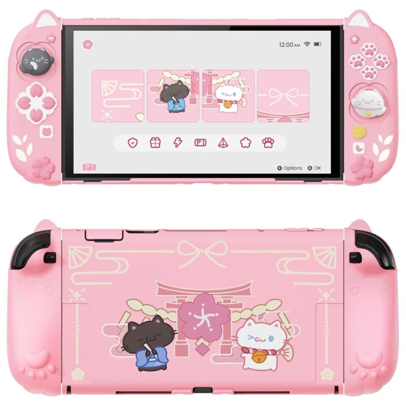 playvital Cherry Blossoms Kitten Protective Case for Nintendo Switch 2 with Stand | Cute Cat Ear & Paw Silicone Grips, Dockable Hard Shell, 2 Joystick Caps | Full-Body Protection Cover, Pink