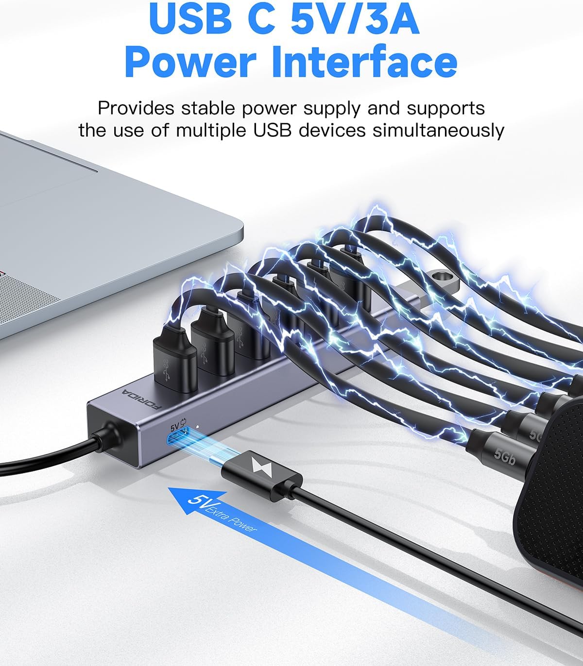 FORIDA USB C Hub-8 Port USB HUB with 7 USB3.0 Data Ports,Aluminum Alloy USBC Splitter with Type C 5V/3A Power Port Compatible with MacBook, iPad, Surface Pro, XPS, Laptop,PC (Gray,USB C-9.8in) - Image 3