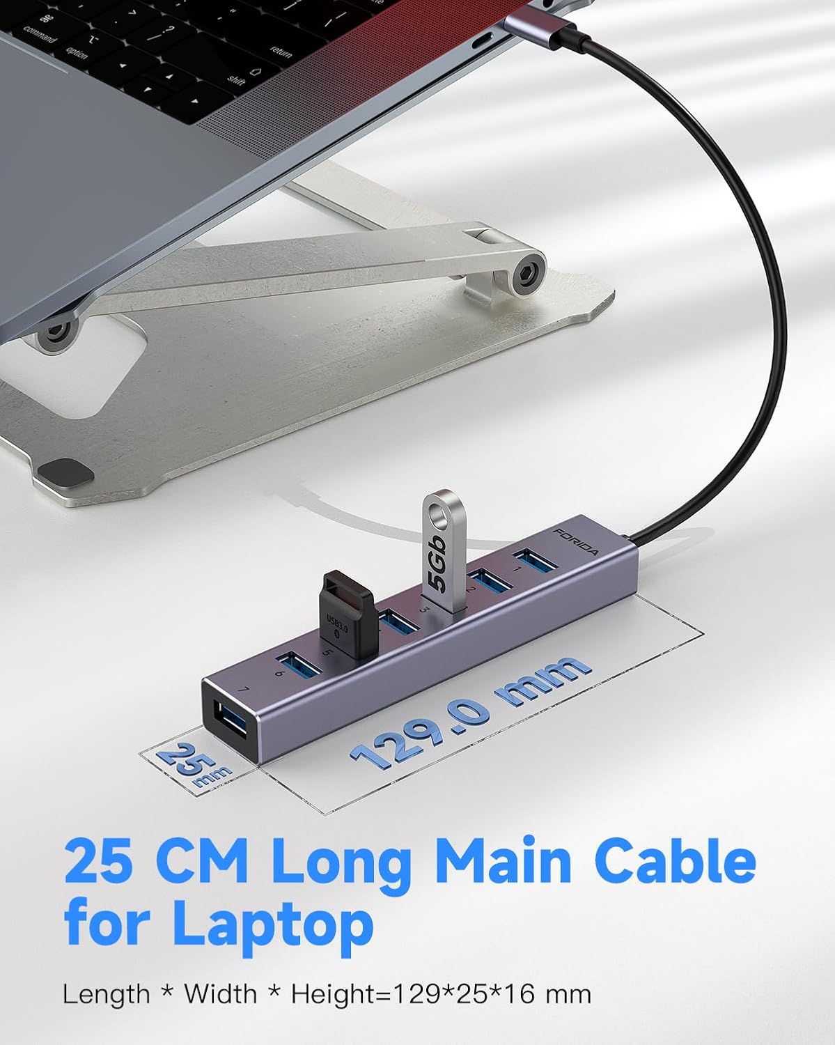 FORIDA USB C Hub-8 Port USB HUB with 7 USB3.0 Data Ports,Aluminum Alloy USBC Splitter with Type C 5V/3A Power Port Compatible with MacBook, iPad, Surface Pro, XPS, Laptop,PC (Gray,USB C-9.8in) - Image 5