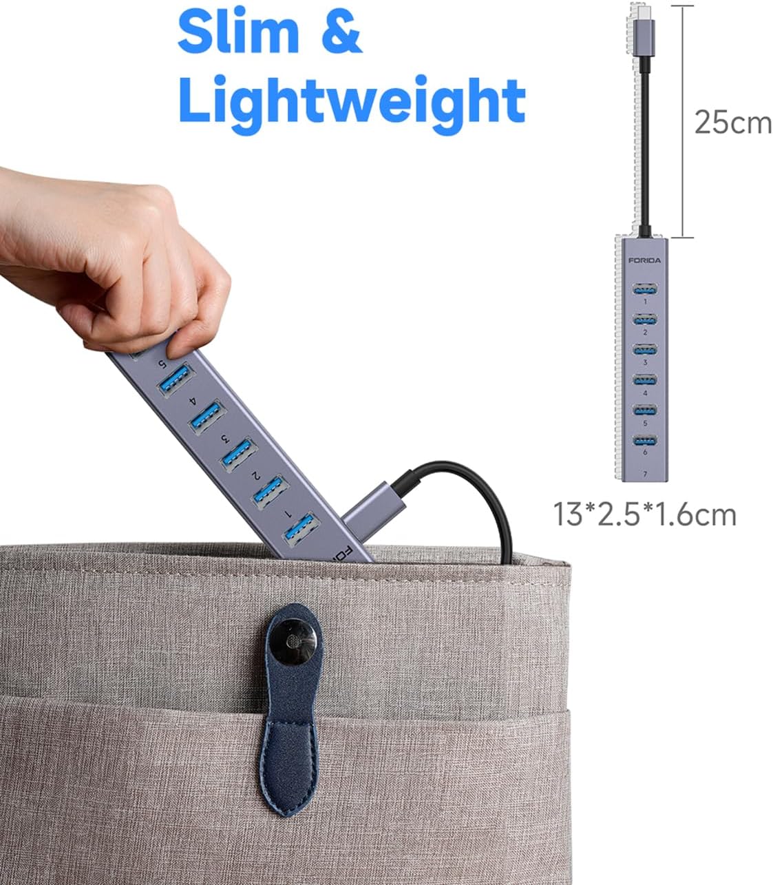 FORIDA USB C Hub-8 Port USB HUB with 7 USB3.0 Data Ports,Aluminum Alloy USBC Splitter with Type C 5V/3A Power Port Compatible with MacBook, iPad, Surface Pro, XPS, Laptop,PC (Gray,USB C-9.8in) - Image 6