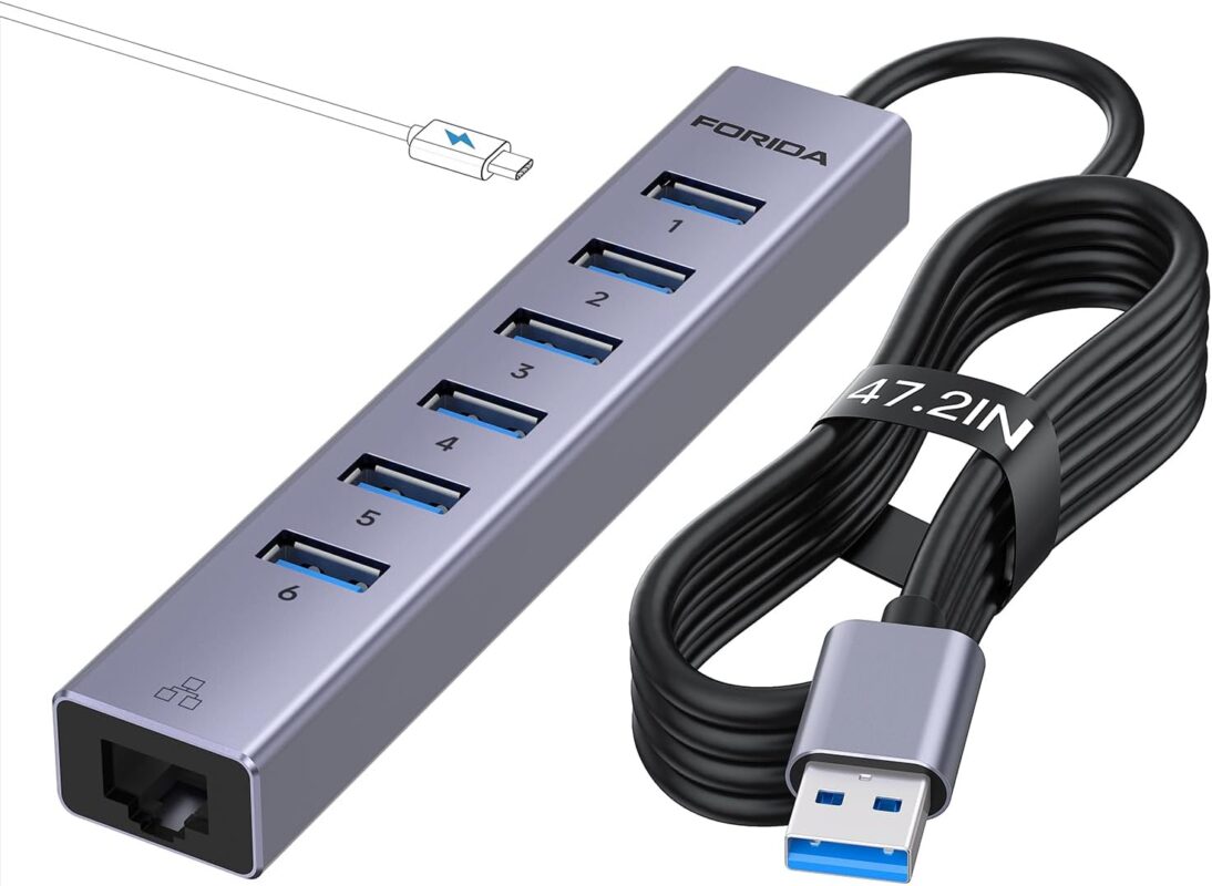 FORIDA 7 Port USB Hub - USB Ethernet HUB with 3.9ft Long Cable for Laptop, USB Extender with Gigabit Network Port and 5V/3A Power Port, Aluminum MultiPort USB hub for Laptop, iMac, PC, Flash Drives