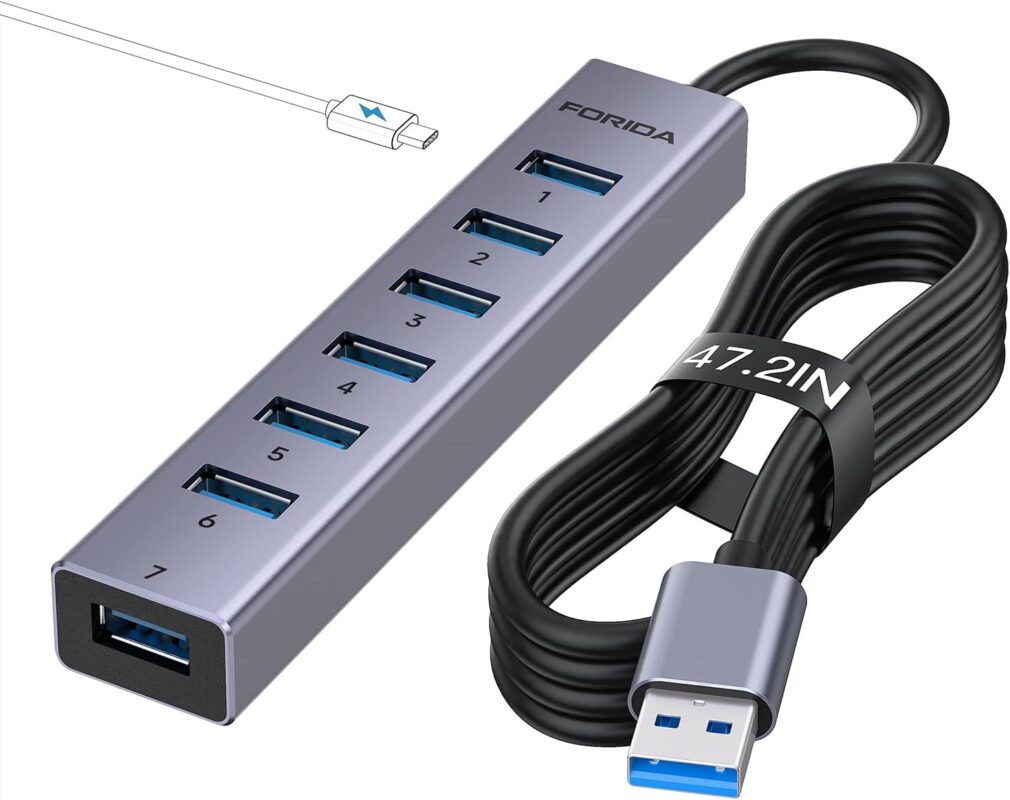 FORIDA Aluminum Alloy 8 Port USB Hub Long Cable USB Splitter with 7-USB3.0 Data Ports and TypeC 5V/3A Power Port Compatible with MacBook, Laptop,Surface Pro, PS5, PC and More (Gray, USB A-47in)