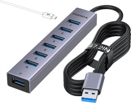 FORIDA Aluminum Alloy 8 Port USB Hub Long Cable USB Splitter with 7-USB3.0 Data Ports and TypeC 5V/3A Power Port Compatible with MacBook, Laptop,Surface Pro, PS5, PC and More (Gray, USB A-47in)