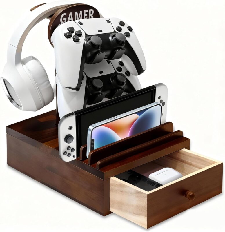 Gamer Gifts for Teenage Boy,Wood Controller Holder and Headphone Stand with Storage Drawer for Gaming Equipment,Gaming Gifts for Men,Brother,Son, Boyfriend, Husband